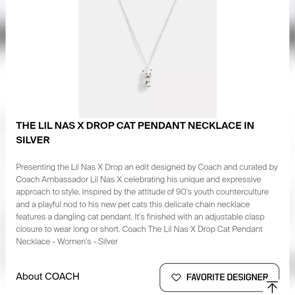 Coach Silver-tone Cat Charm Necklace‎